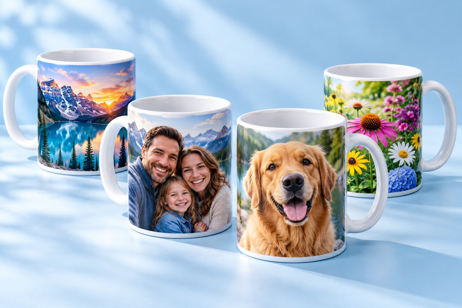 Four custom white photo mugs