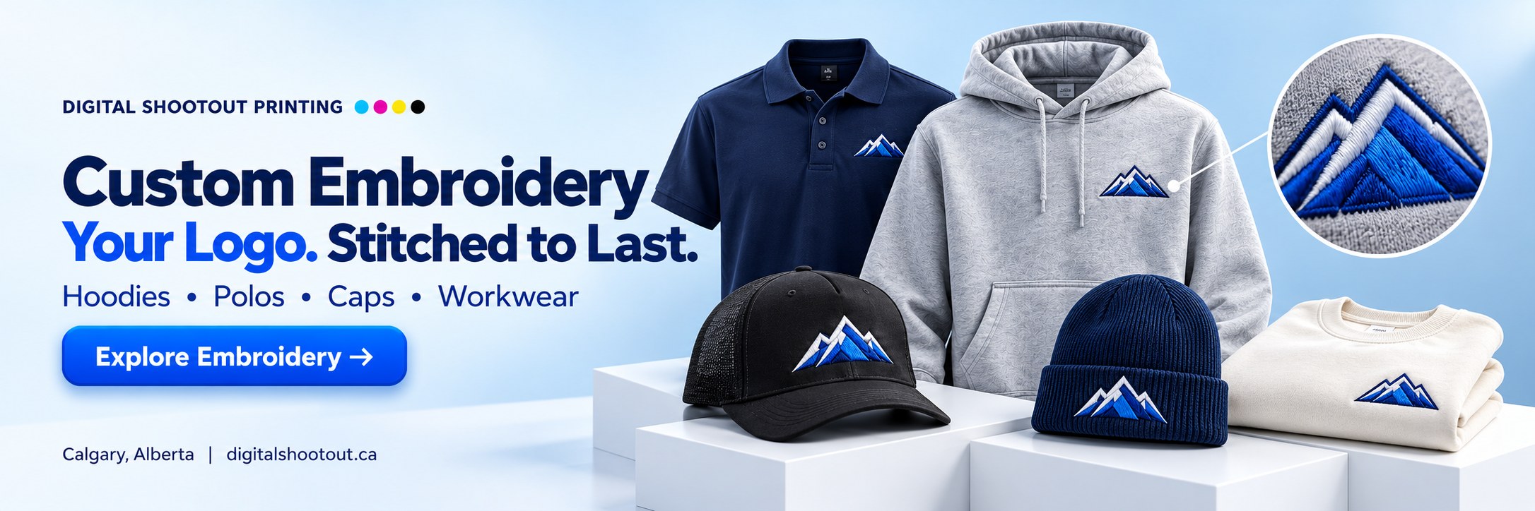 Custom Embroidery. Your Logo. Stitched to Last. Hoodies, polos, caps and workwear. Explore embroidery at Digital Shootout Printing, Calgary.
